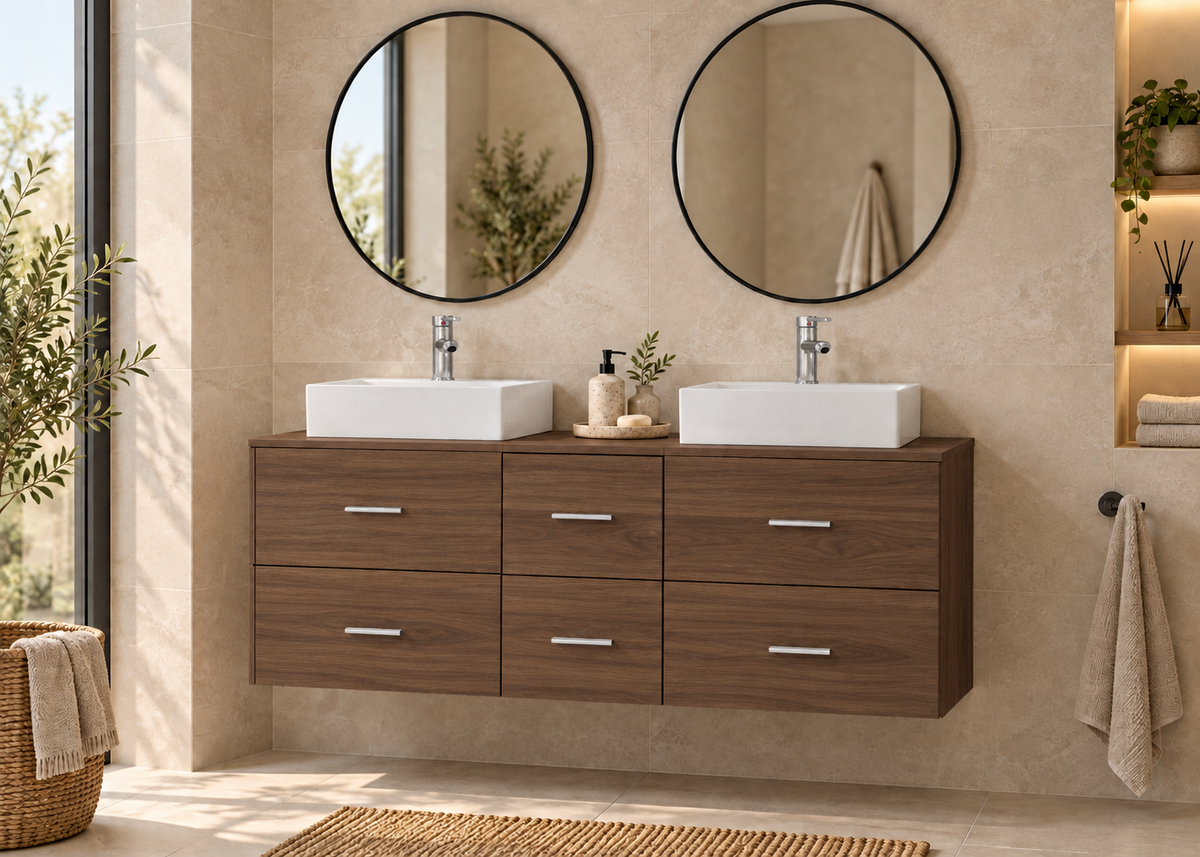 Mueble de baño MILOS 121 en Fresno Tea con dos lavabos LIBRA